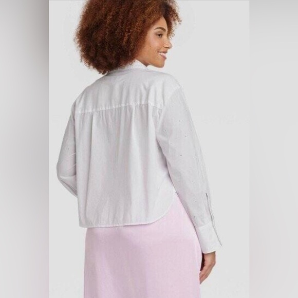 A New Day Pure White Silver Rhinestones Glam Button Down Long Sleeve Shirt Top - Picture 2 of 8